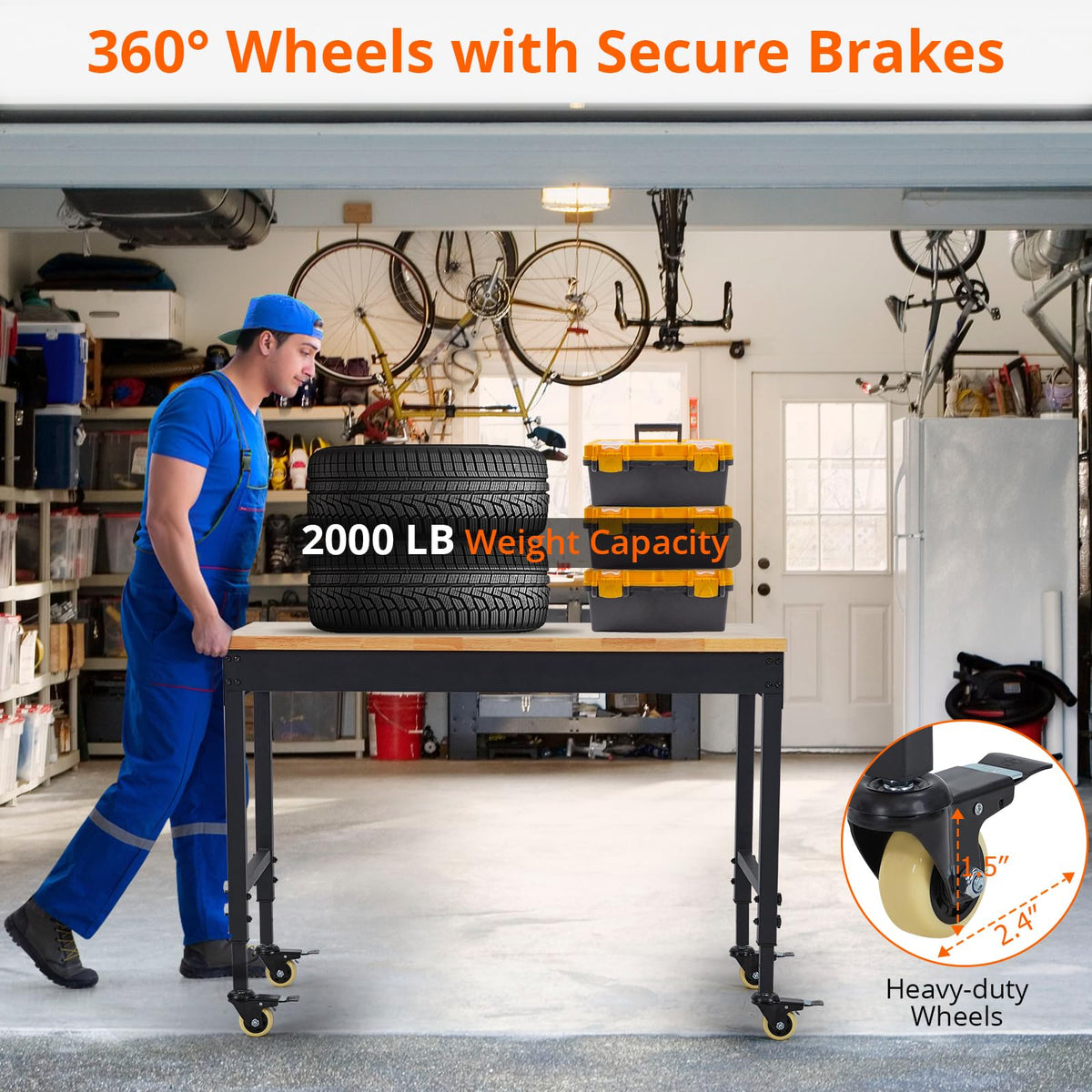 48"x 24" Workbench for Garage, Rolling Heavy-Duty Worktable with Power Outlet and Lockable Wheels, Adjustable Height