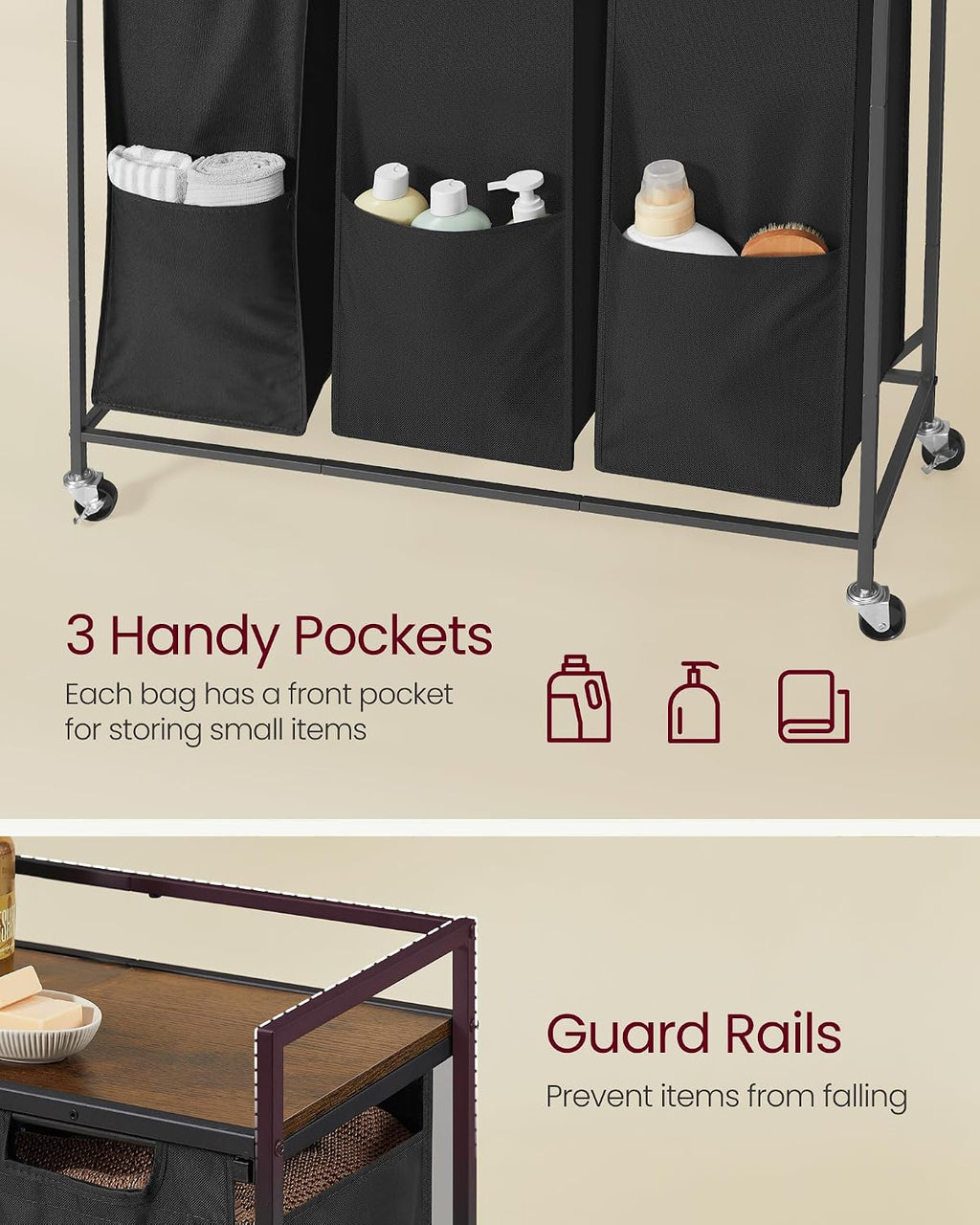 Laundry Sorter, 43.5 Gal. (165 L) Laundry Hamper Basket with 3 Compartments, Rolling Cart with Wheels, Shelf