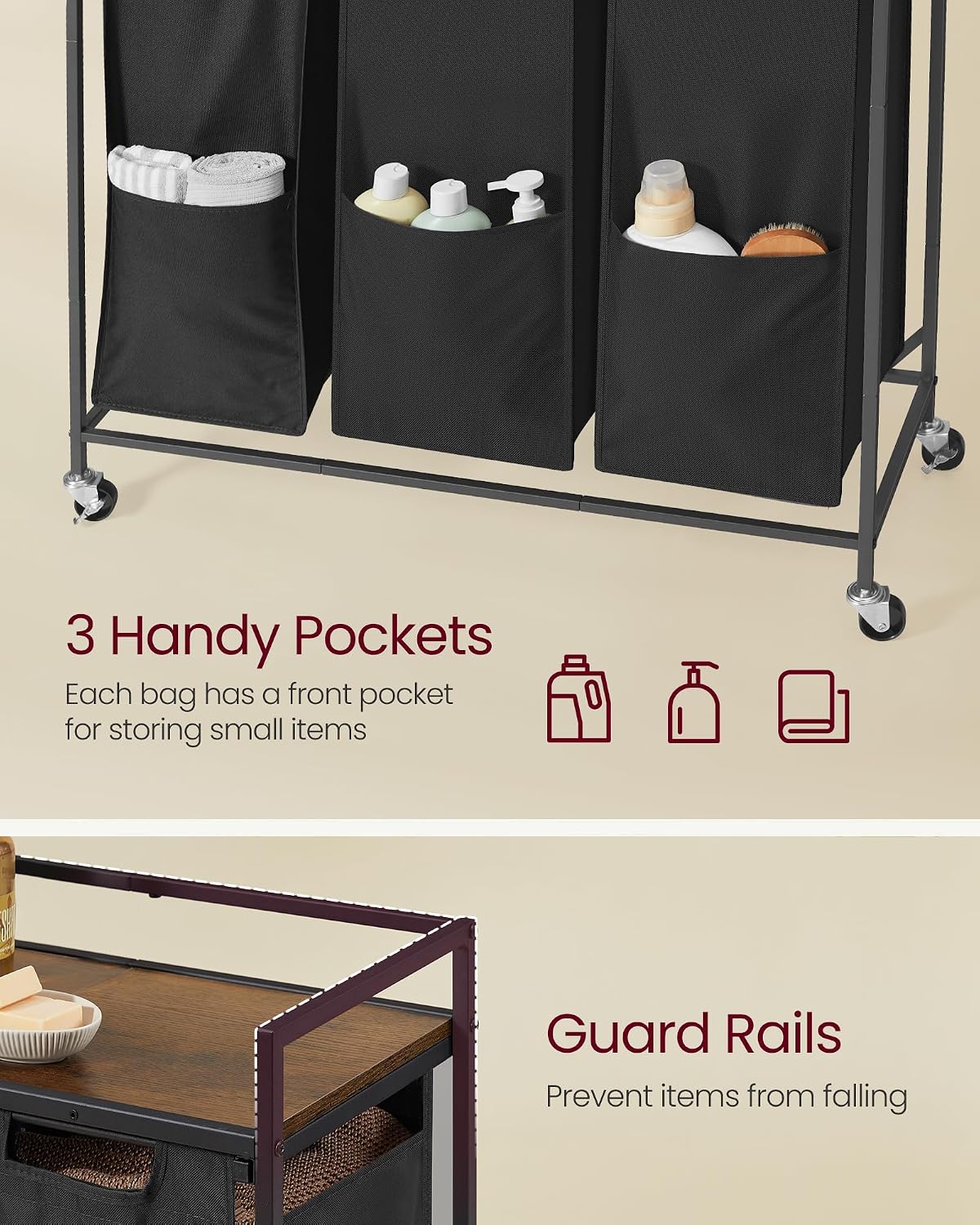 Laundry Sorter, 43.5 Gal. (165 L) Laundry Hamper Basket with 3 Compartments, Rolling Cart with Wheels, Shelf