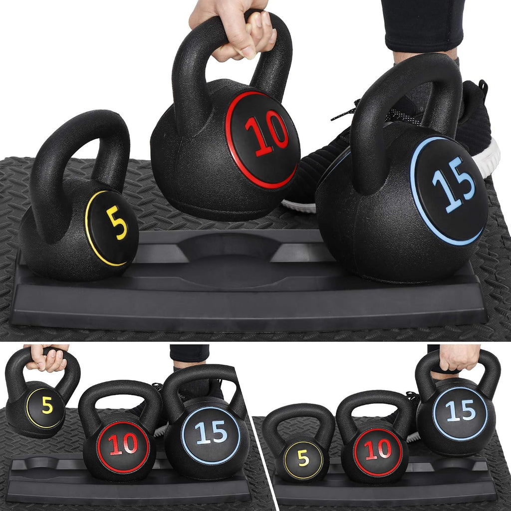 3-Piece Kettlebell Set, Exercise Fitness Weight Set with Base Rack for Home Gym, Home Workouts, Strength Training