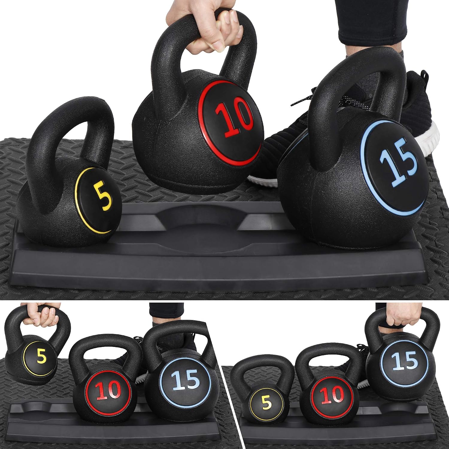 3-Piece Kettlebell Set, Exercise Fitness Weight Set with Base Rack for Home Gym, Home Workouts, Strength Training