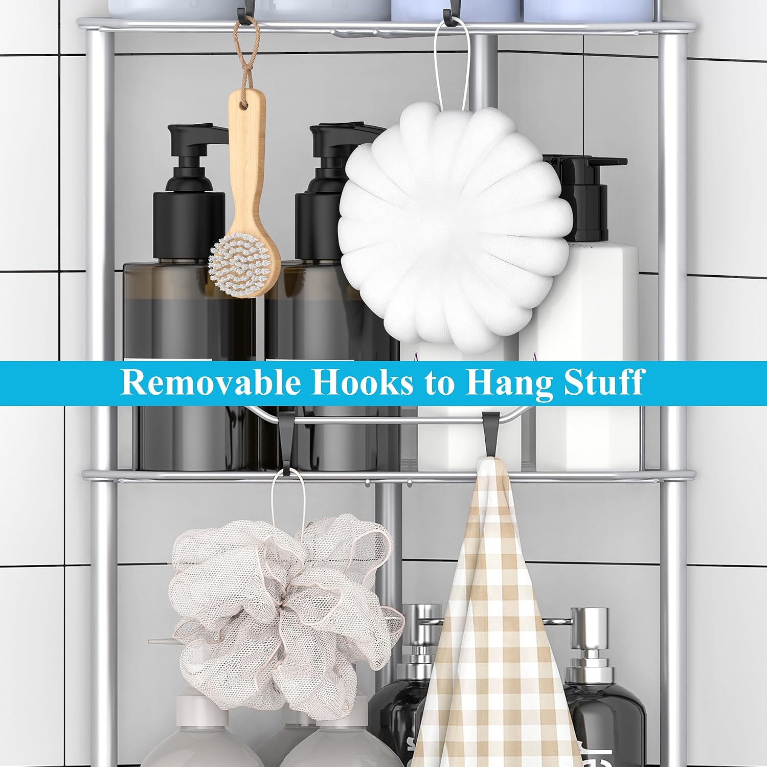 Metal Floor Standing Corner Shower Caddy, Silver, 3 Tier | Adhesive Bathroom Organizer Shelves, Free Standing Shower