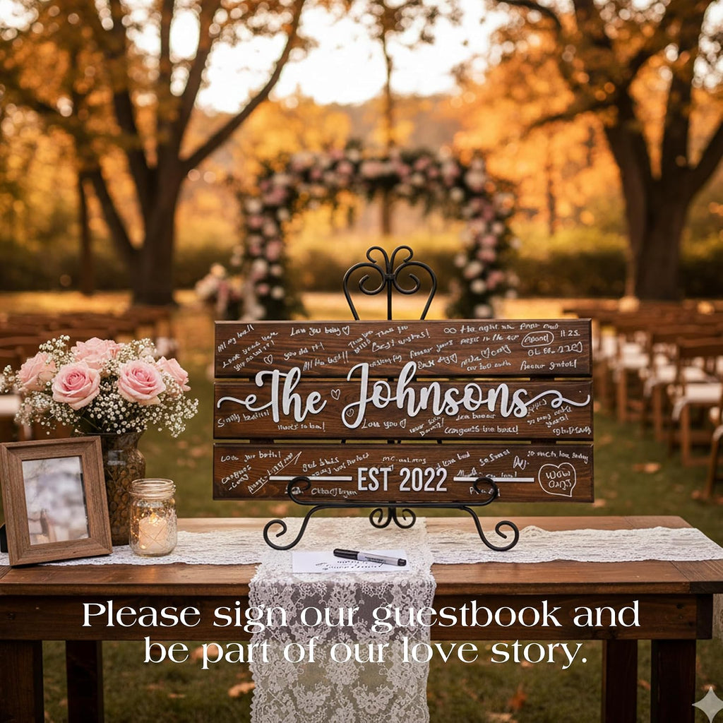 Personalized Wooden Wedding Guest Book Sign, Custom Family Name Sign with Est. Date, Rustic 3D Guestbook Alternative