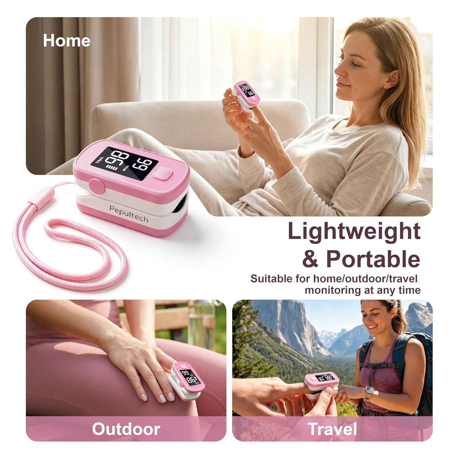 Pink Fingertip Pulse Oximeter,Blood Oxygen Saturation Monitor for Kids Adults, High Accuracy O2 Meter for All