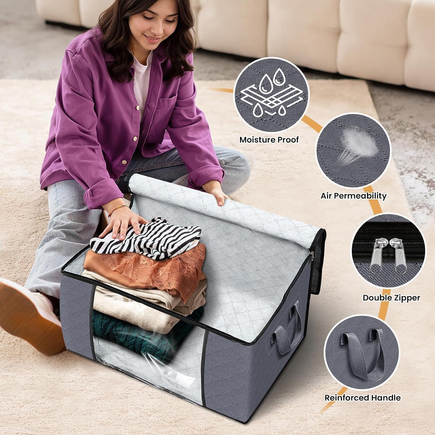 6 Pack Storage Bags for Clothes and Blanket, Foldable Closet Organizers and Storage with Zippers, Clear Window and