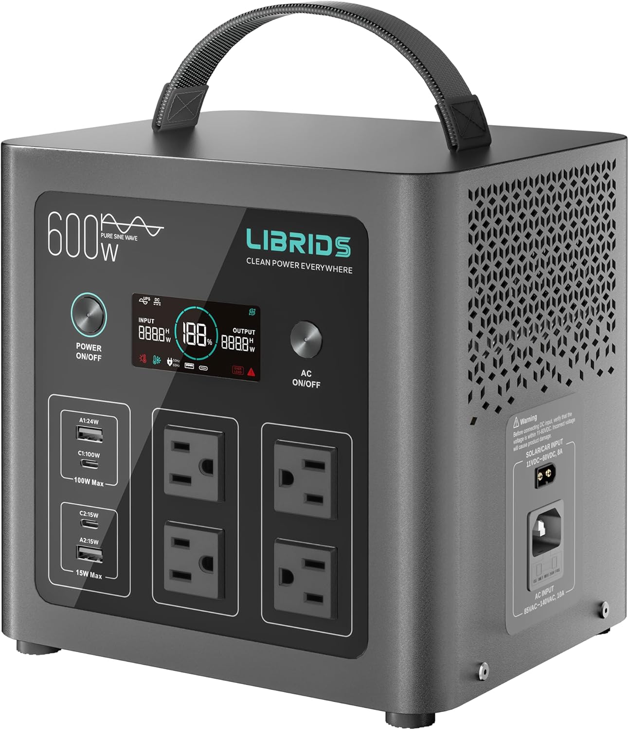 Portable Power Station C600, 640Wh LiFePO4 Battery, 600W (Peak 1200W) Solar Generator, 1.5H Fast Charge, 10ms UPS, 8