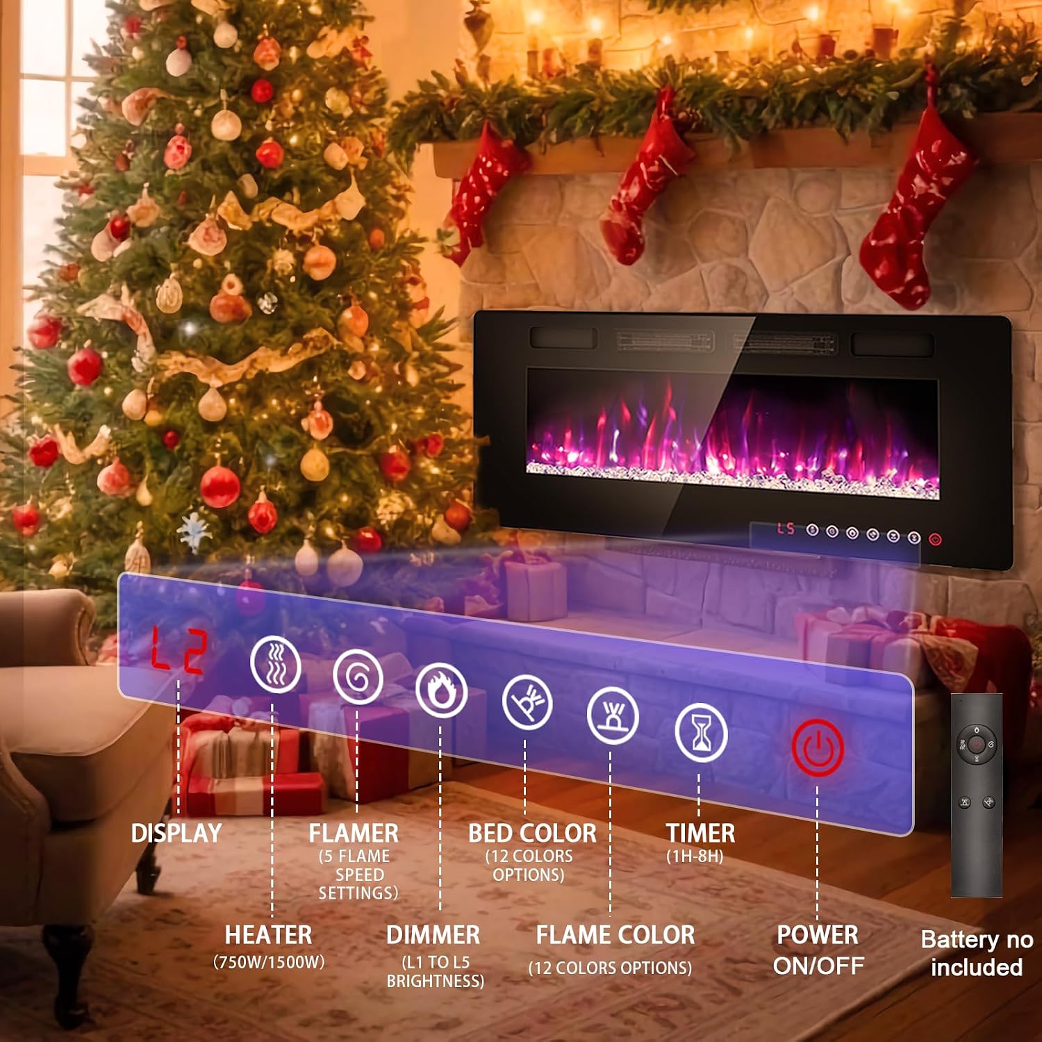 60" Electric Fireplace Recessed Wall Mounted, Ultra Thin Linear Fireplace Inserts,12 Flame Colors, Timer, Remote &