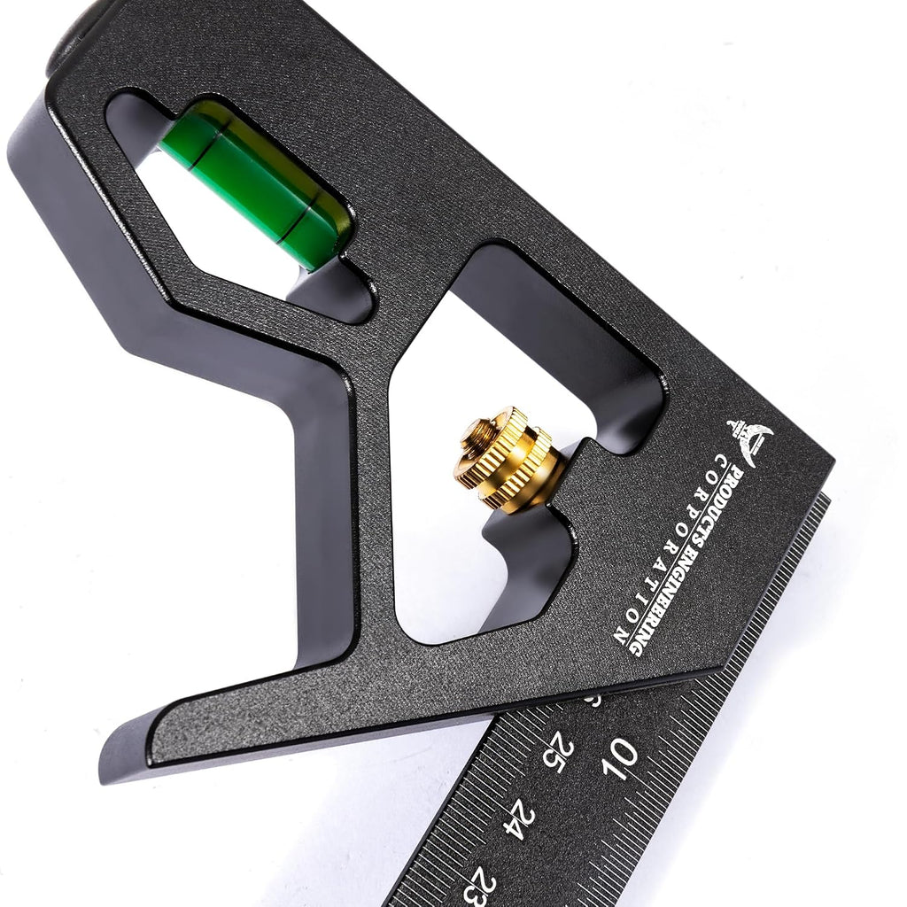 2-Piece 12" Aluminum Combination Square Set - with Bubble Level and Draw Pin, Laser-Etched Markings for Accurate