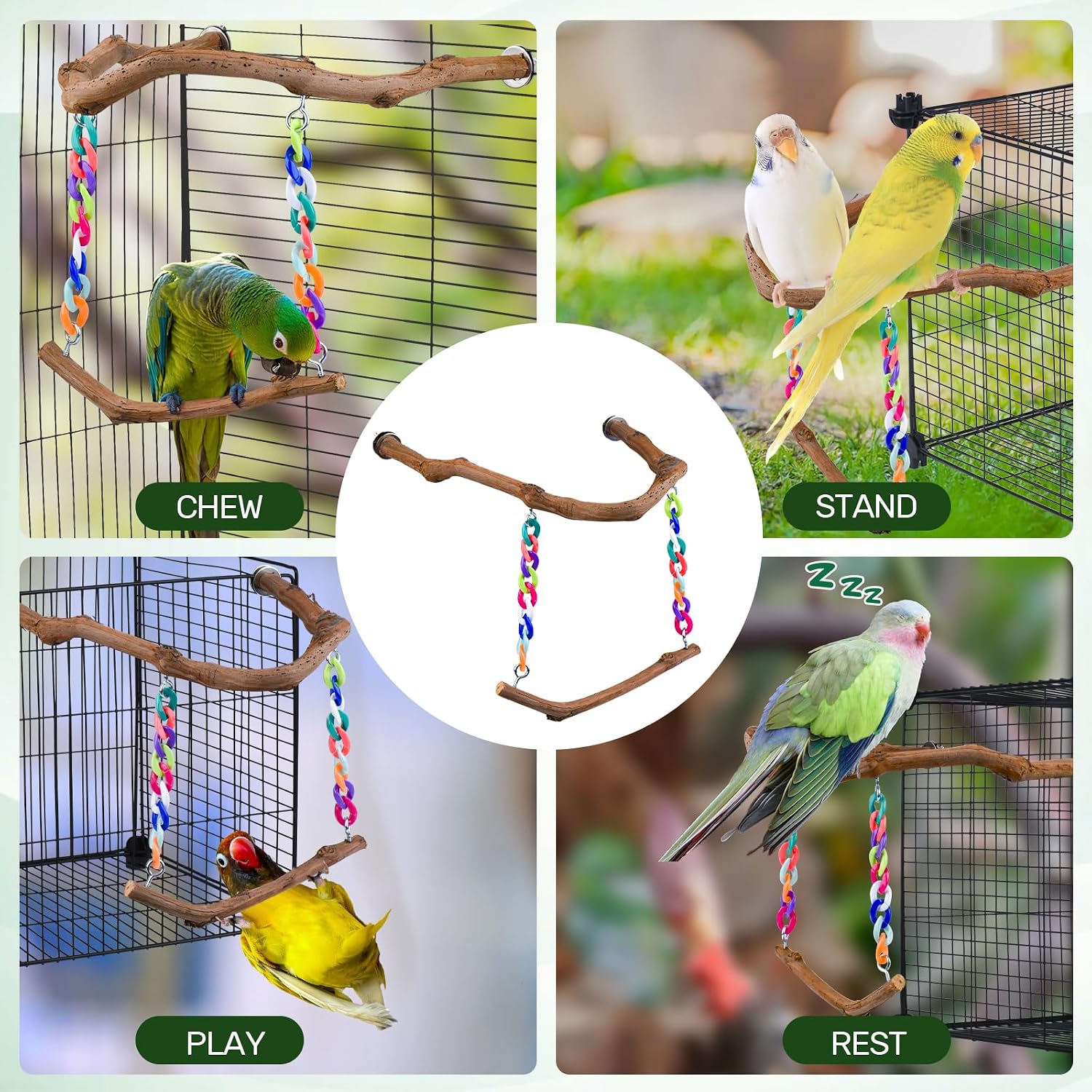 Bird Swing Toys, Standing Bird Perch with Natural Grape Wood, U Shape Hangable Birdcage Accessories, Birds Chewing