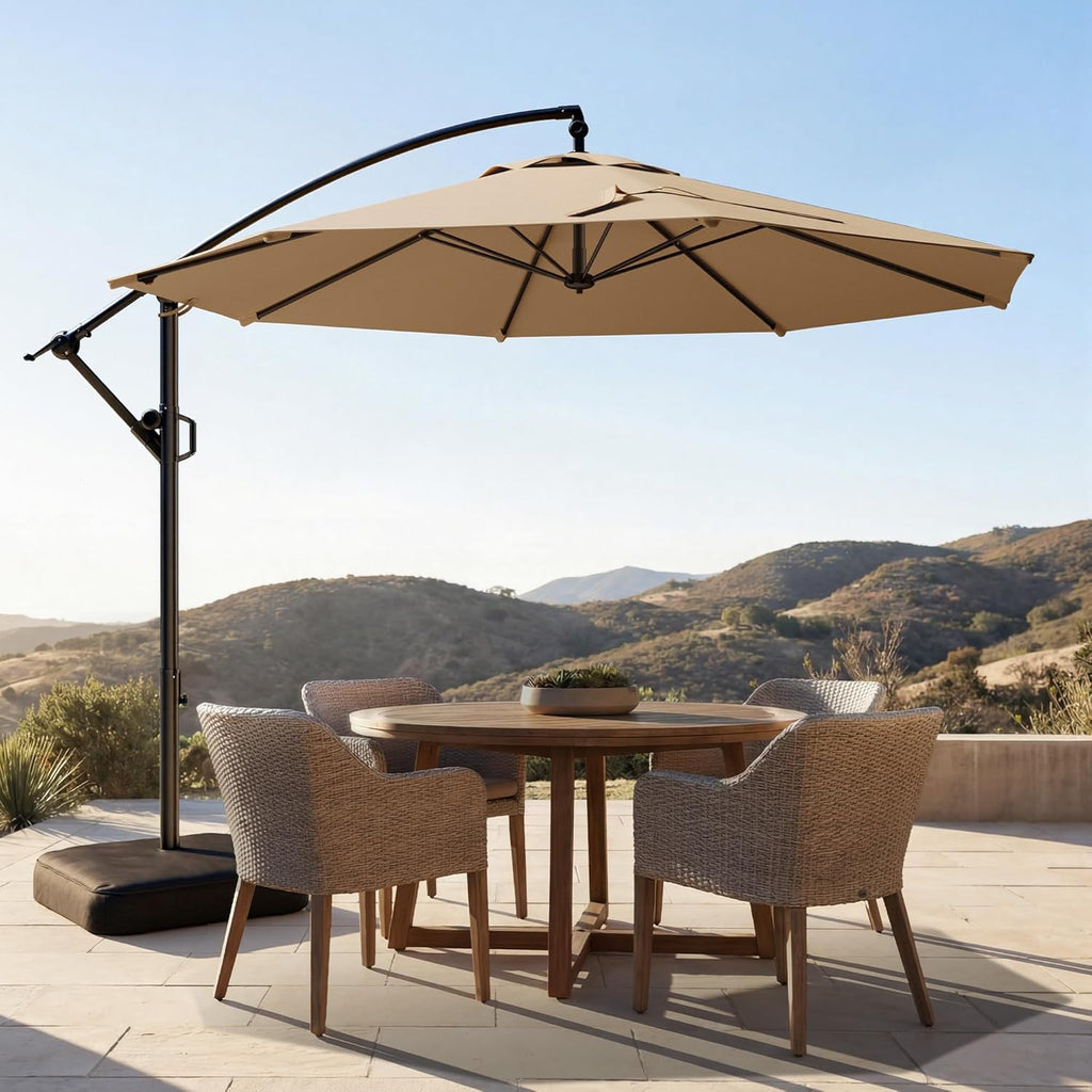 10ft Cantilever Patio Umbrella with Base Included, 30 MPH Wind-Resistant Offset Outdoor Hanging Umbrella with 45