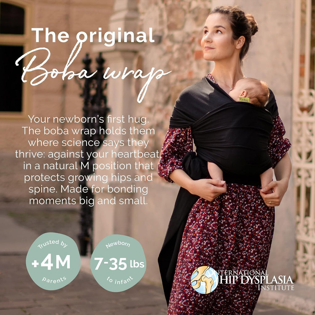 Baby Wrap Carrier - Stretch Cotton Newborn Sling, Black | Breathable, Hands-Free Babywearing Carrier Wrap; ergonomic