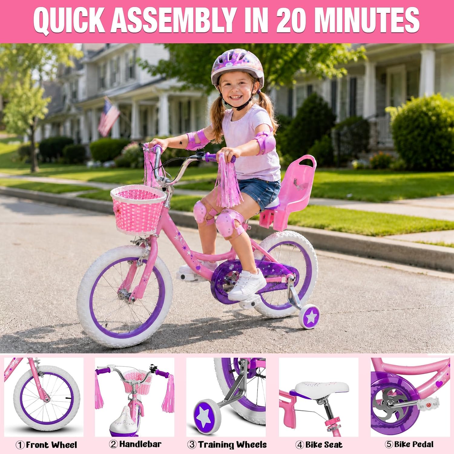 14 16 Inch Kids Bike Girls Toddle Bicycle Ages 3-7 Training Wheels | High Carbon Steel Frame, Training Wheels