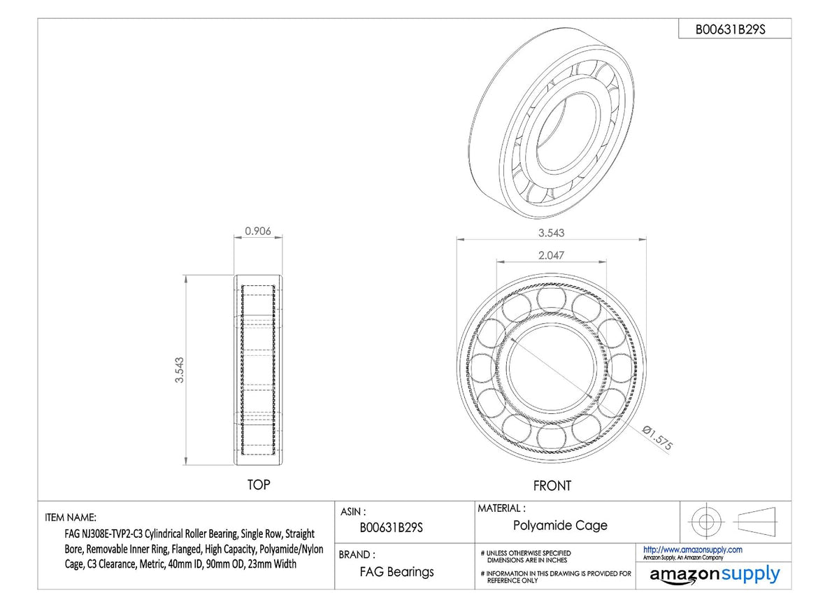 FAG NJ308E-TVP2-C3 Cylindrical Roller Bearing, Single Row, Straight Bore, Removable Inner Ring, Flanged, High Capacity, Polyamide/Nylon Cage, C3 Clearance, Metric, 40mm ID, 90mm OD, 23mm Width