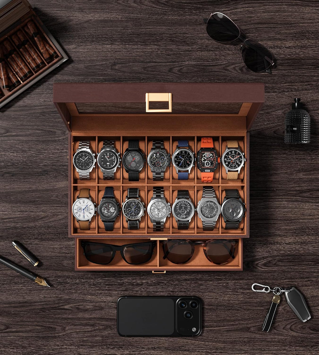 Watch Case Box for Men – 14 Slots Watch Display Organizer with 6-Compartment Eyeglasses Storage, Real Glass Lid
