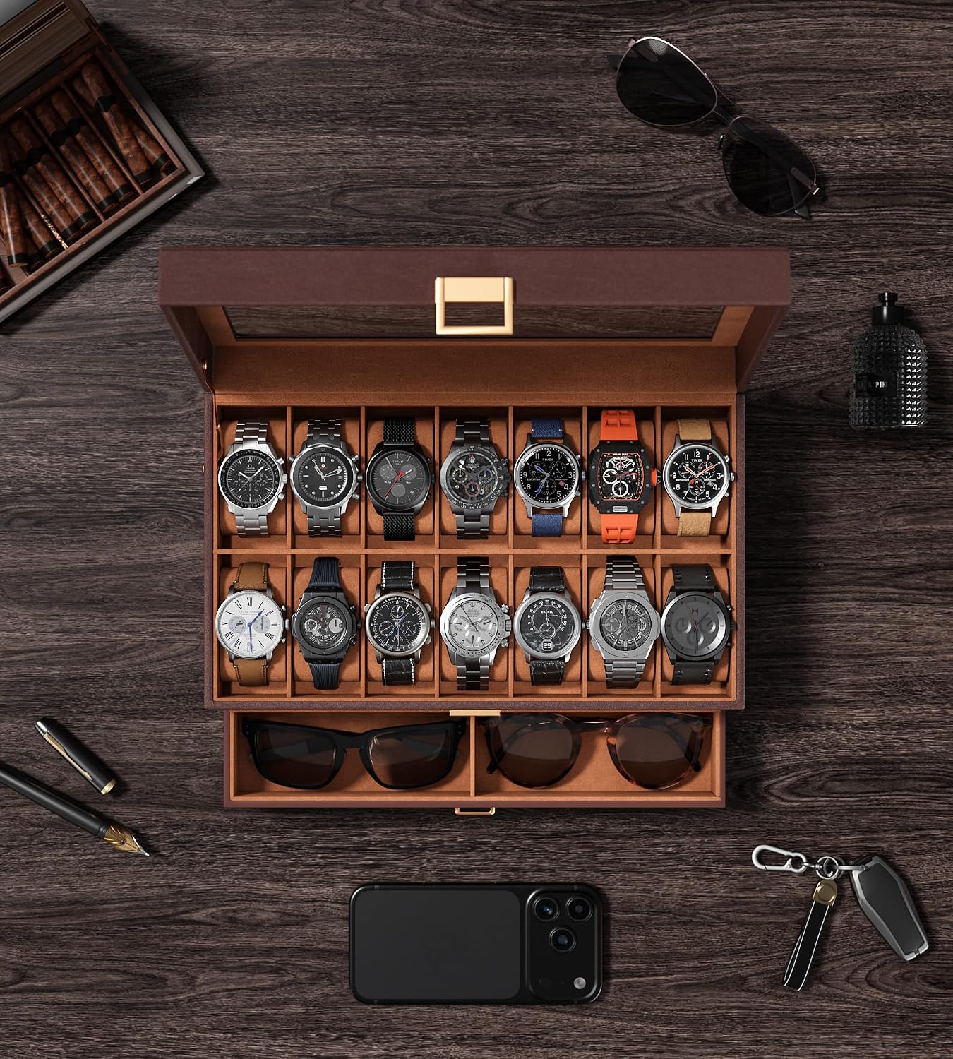 Watch Case Box for Men – 14 Slots Watch Display Organizer with 6-Compartment Eyeglasses Storage, Real Glass Lid
