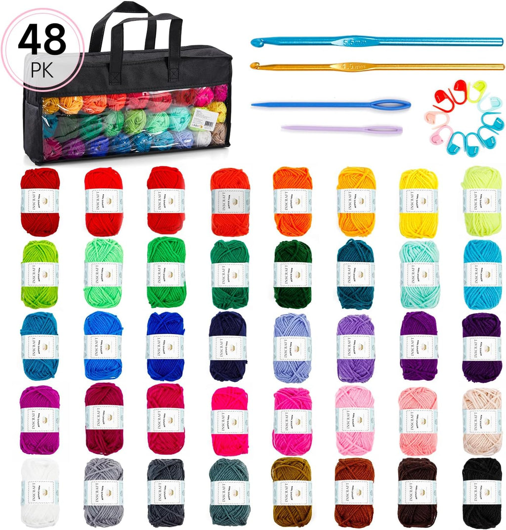 48 PCS Crochet Yarn Kit, 1400 Yards 40 Colors Acrylic Yarn Skeins, 2 Crochet Hooks, 2 Weaving Needles, 4 Stitch