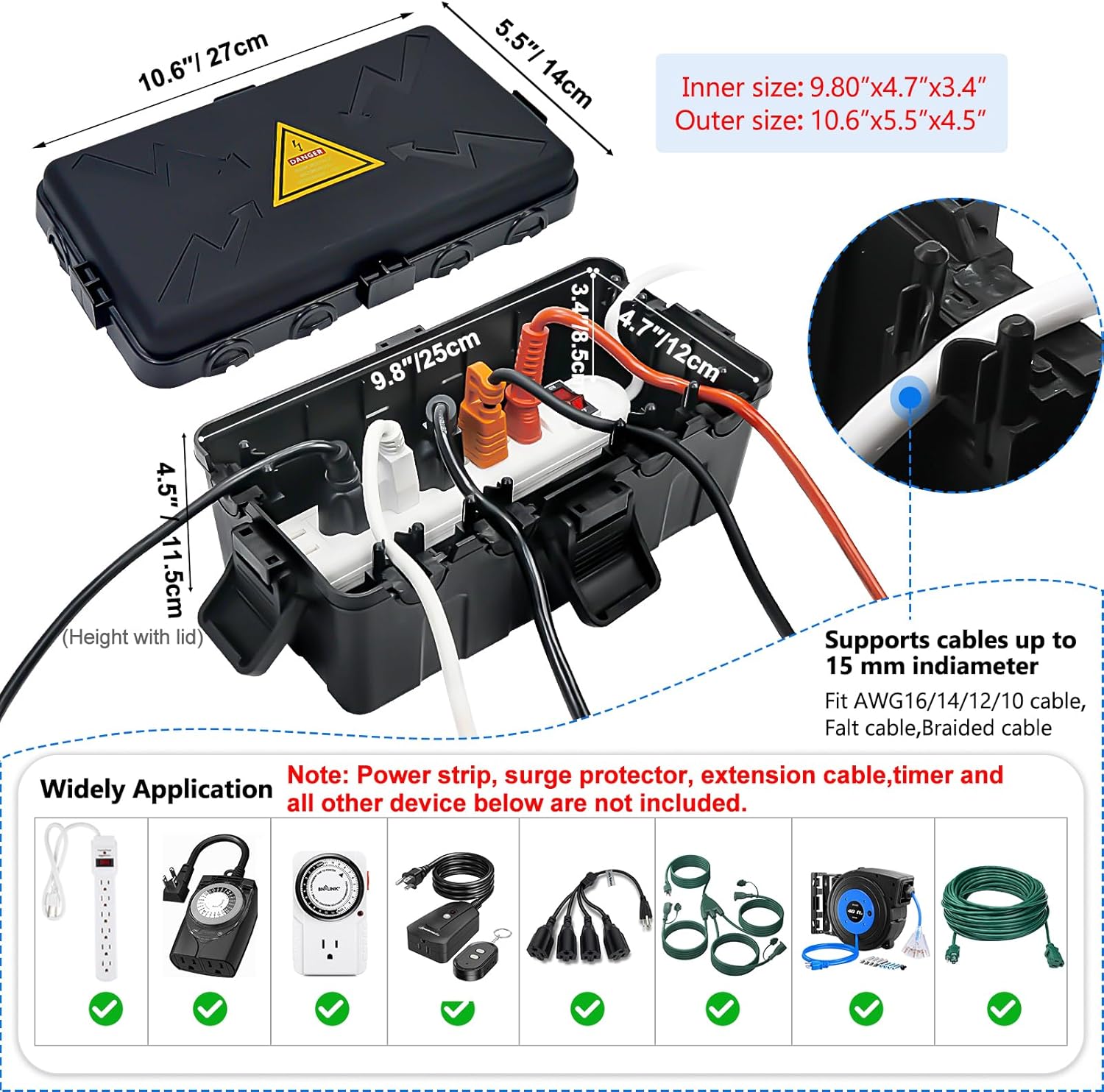 Medium Outdoor Electrical Box(10.6x5.5x4.5inch),Weatherproof Connection Box w/6 Cable Entry,IP54 Waterproof Extension