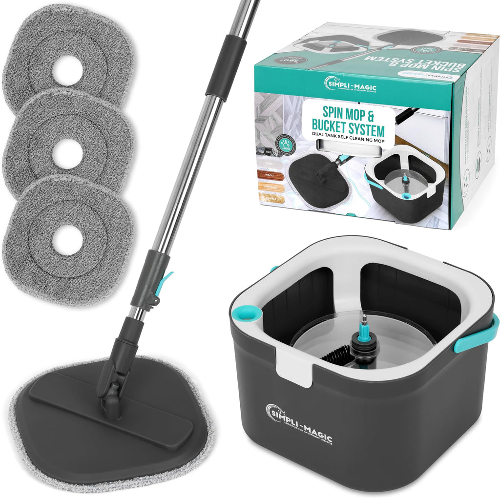 360° Square Spin Mop and Bucket System – Dual Compartment, Separate Clean & Dirty Water – 3 High-Absorbent Microfiber