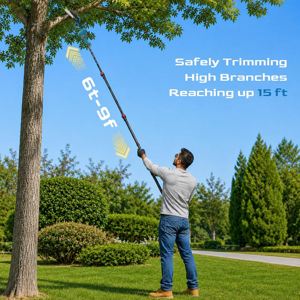 Full-size 6-Inch 4-in-1 Cordless Pole Saw & Mini Chainsaw, 21V Brushless Electric Tree Trimmer with 15FT Reach