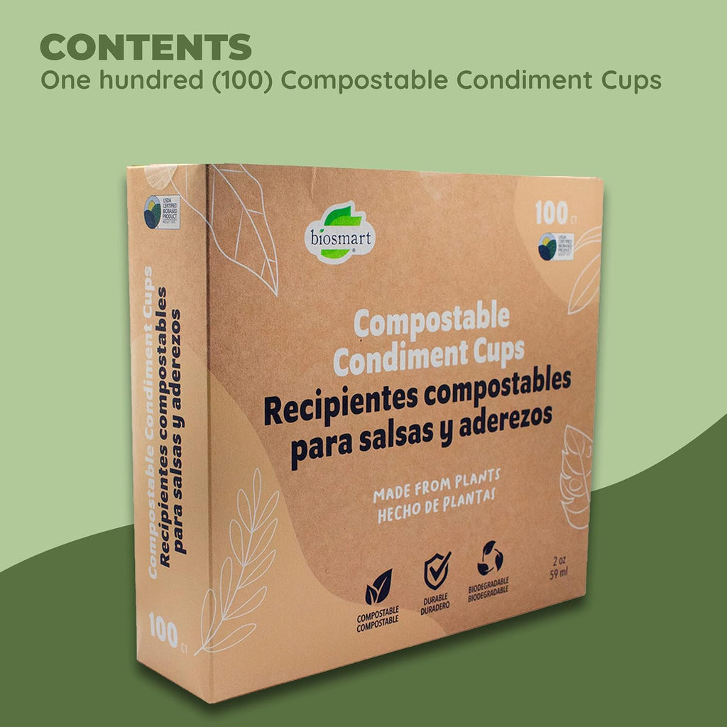 Compostable Condiment Cups with Lids, 2 oz Sauce Cups, 100 Sets per Pack: Eco-friendly for Salad Dressings