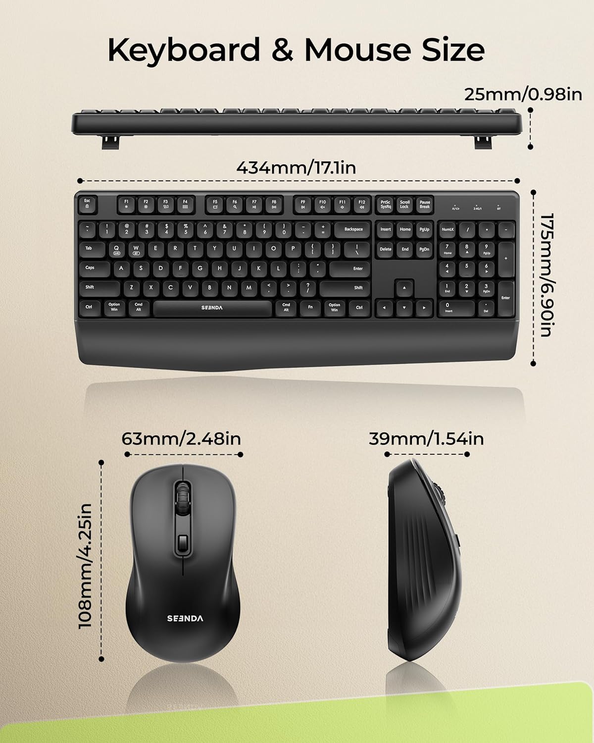 COE200 Wireless Bluetooth Keyboard and Mouse Combo with Wrist Rest | USB/Bluetooth multi-device switching, quiet keys