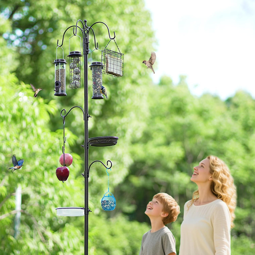 Bird Feeder Station with Suet Cage & Water Bowl Fruit Hook- Adjustable Pole, 6 Hanging Hooks for Wild Birds, Outdoor