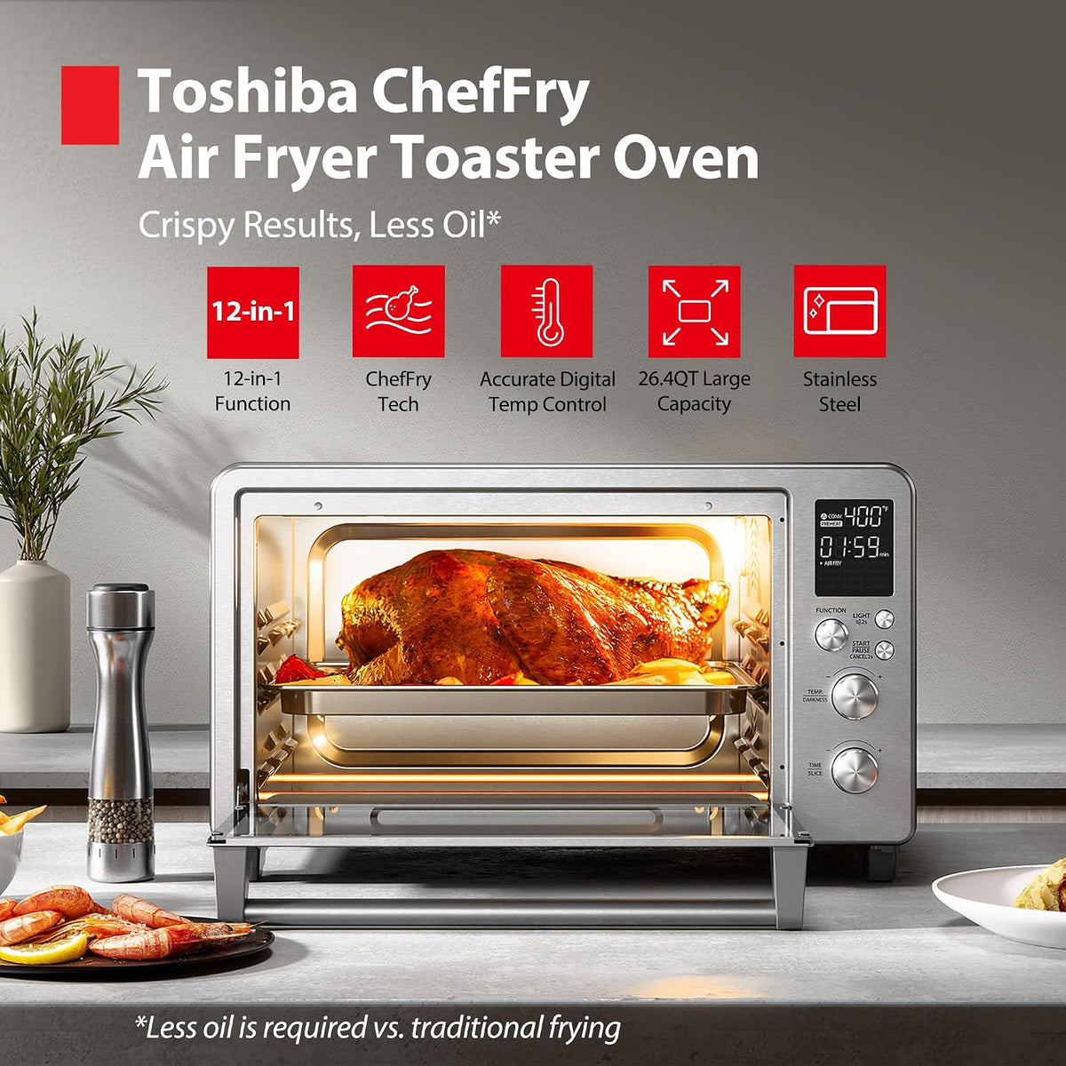 ChefFry Air Fryer Toaster Oven Combo, 26.4-Quart, Stainless Steel | Bake, Broil, Pizza & Dehydrate, with Toast