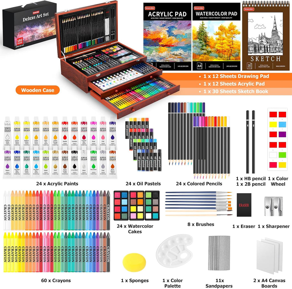 Art Supplies, 192-Pack Deluxe Art Set Drawing Painting Supplies Kit with Acrylic Pad, Watercolor Pad, Sketch Book
