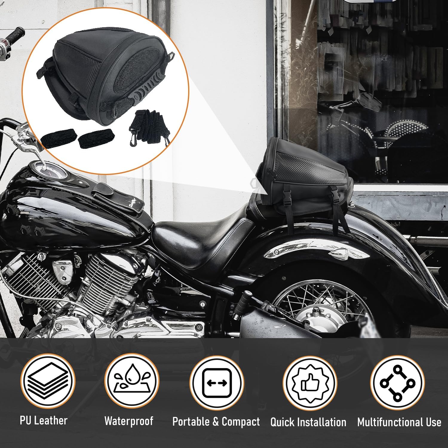 Motorcycle Tail Bag Multifunctional Rear Seat Storage Saddle Bag Motorbike Tank Bag with Shoulder Strap, Black