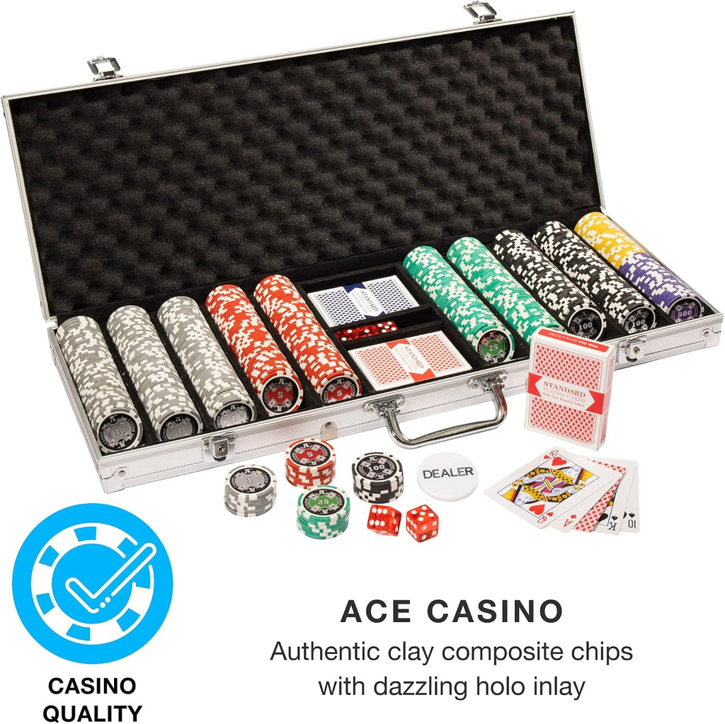 14 Gram 500 Count Poker Set - Ace Casino - 14G Clay Composite Chips with Aluminum Case, Playing Cards, Dealer Button