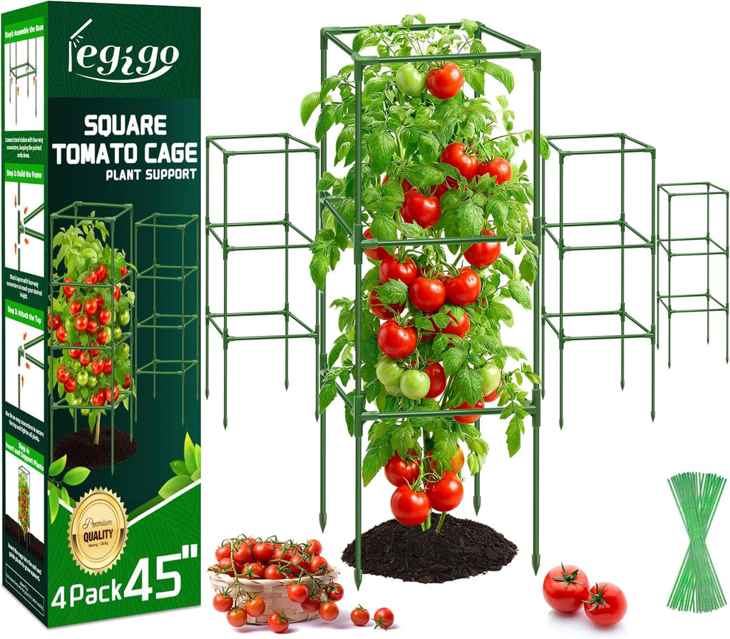 4 Pack Square Tomato Cages- 45 Inch Heavy Duty Tomato Trellis for Climbing Plants Outdoor, Tomato Plant Support