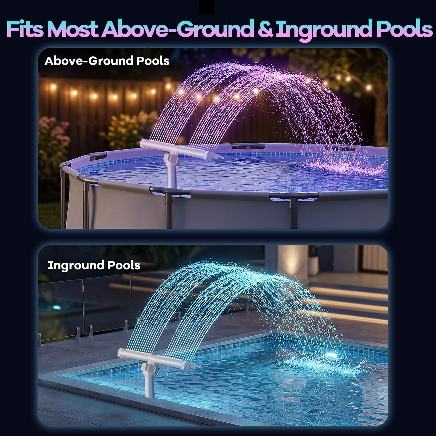 Solar Pool Fountain for Above Ground Pools and Inground Pools | Solar & USB-C Dual Charging, 9-Color Auto-Sensing