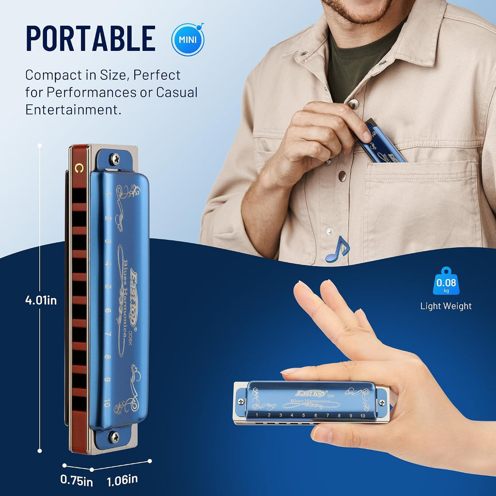 Harmonica Key of C, 10 Holes 008K Diatonic Mouth Organ with Blue Case, Standard Harmonica For Adults, Professionals