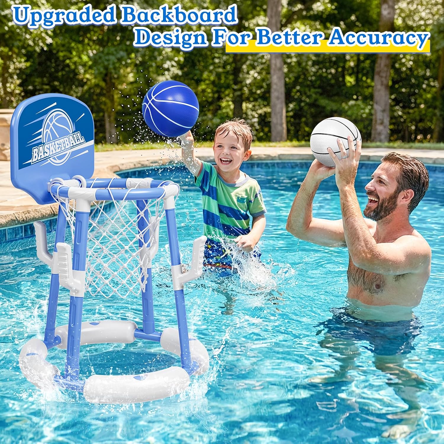 2 in 1 Pool Basketball Hoop with Backboard & Ring Toss Game,Floating Pool Toys with 4 Balls 8 Rings&Pump Summer Water