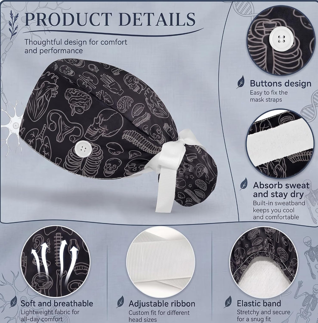Scrub Caps Women Anatomy Nurse Hats Ponytail Tie Back