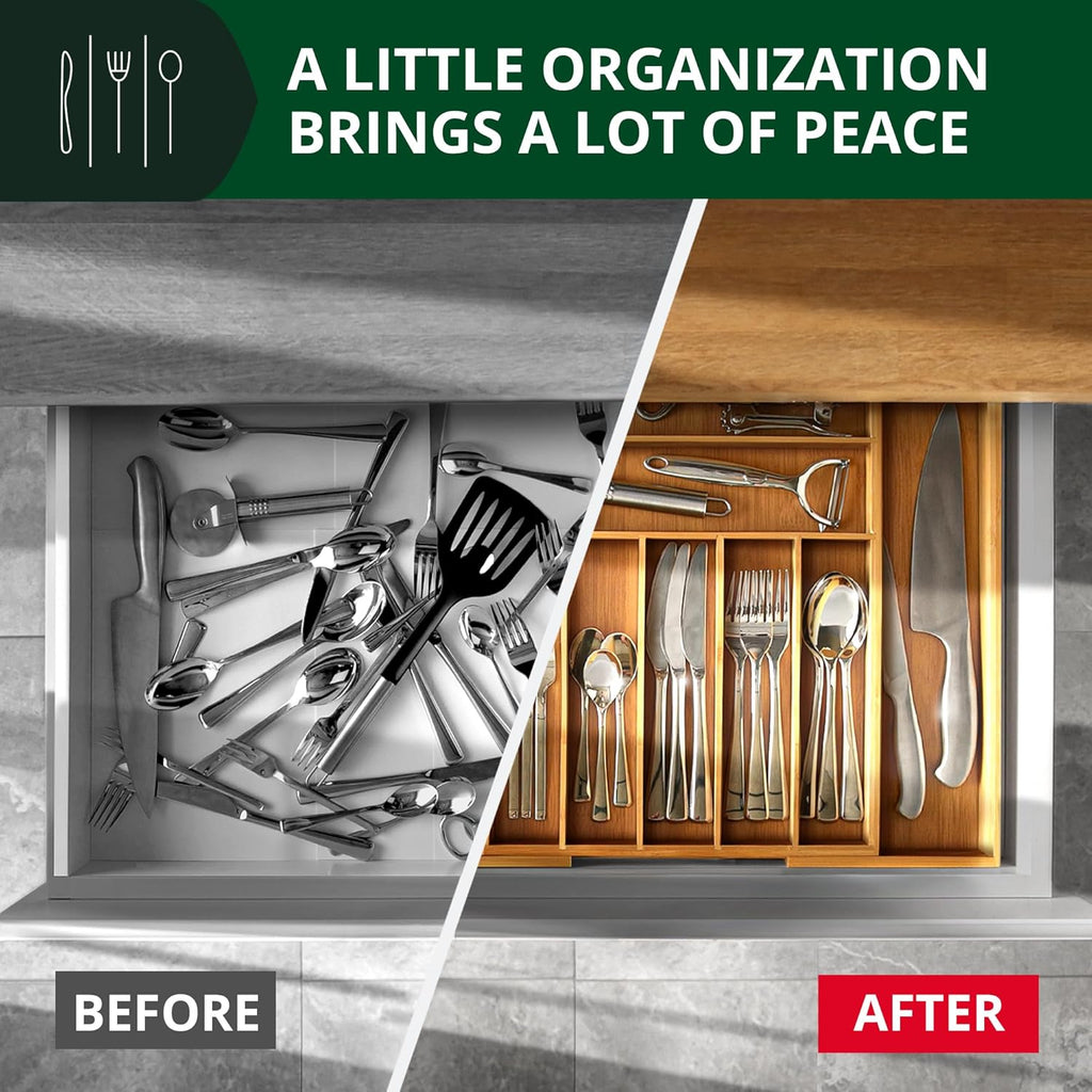 Luxury Bamboo Kitchen Drawer Organizer - Silverware Organizer, Utensil Holder & Cutlery Tray Drawer Dividers for