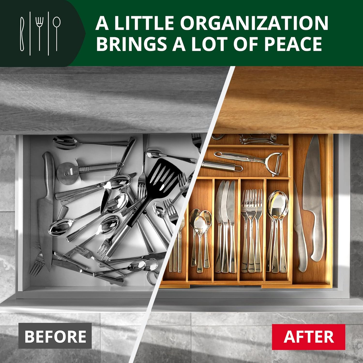 Luxury Bamboo Kitchen Drawer Organizer - Silverware Organizer, Utensil Holder & Cutlery Tray Drawer Dividers for