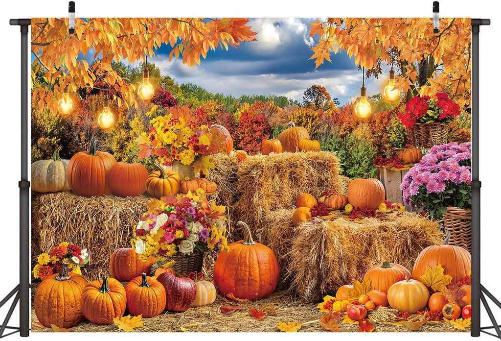 Autumn Harvest Banner Backdrop 7x5FT Fall Farm Pumpkin Hay Bale Photography Background Thanksgiving Maple Leaves
