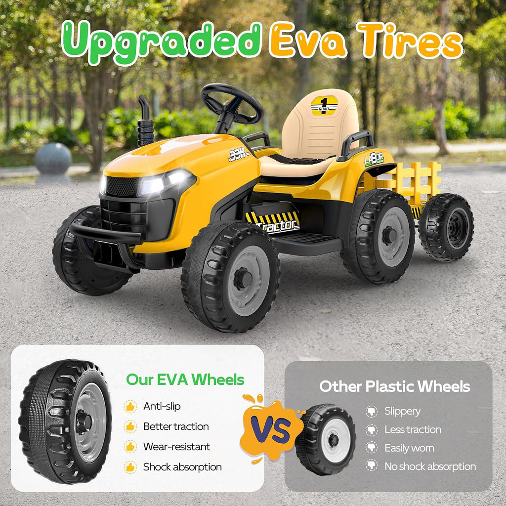 24V Ride On Tractor w/Tiltable & Detachable Trailer, EVA Tires, Up to 4.3Mph, Ride On Toys with Parental Remote