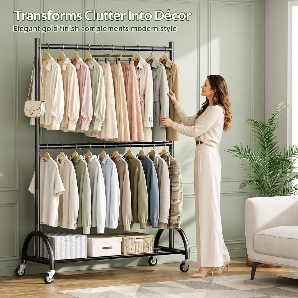 Heavy Duty Clothing Racks for Hanging Clothes Double Rod Rolling Closet Rack with Wheels for Coats, Garment Storage