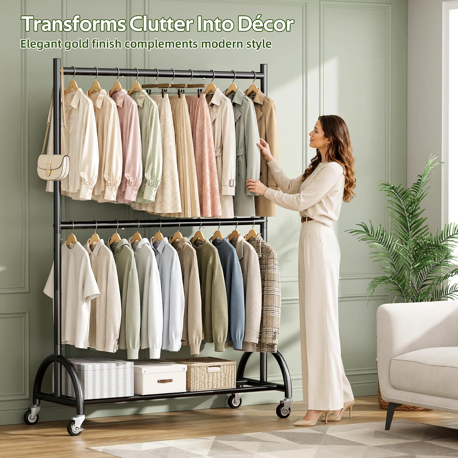 Heavy Duty Clothing Racks for Hanging Clothes Double Rod Rolling Closet Rack with Wheels for Coats, Garment Storage