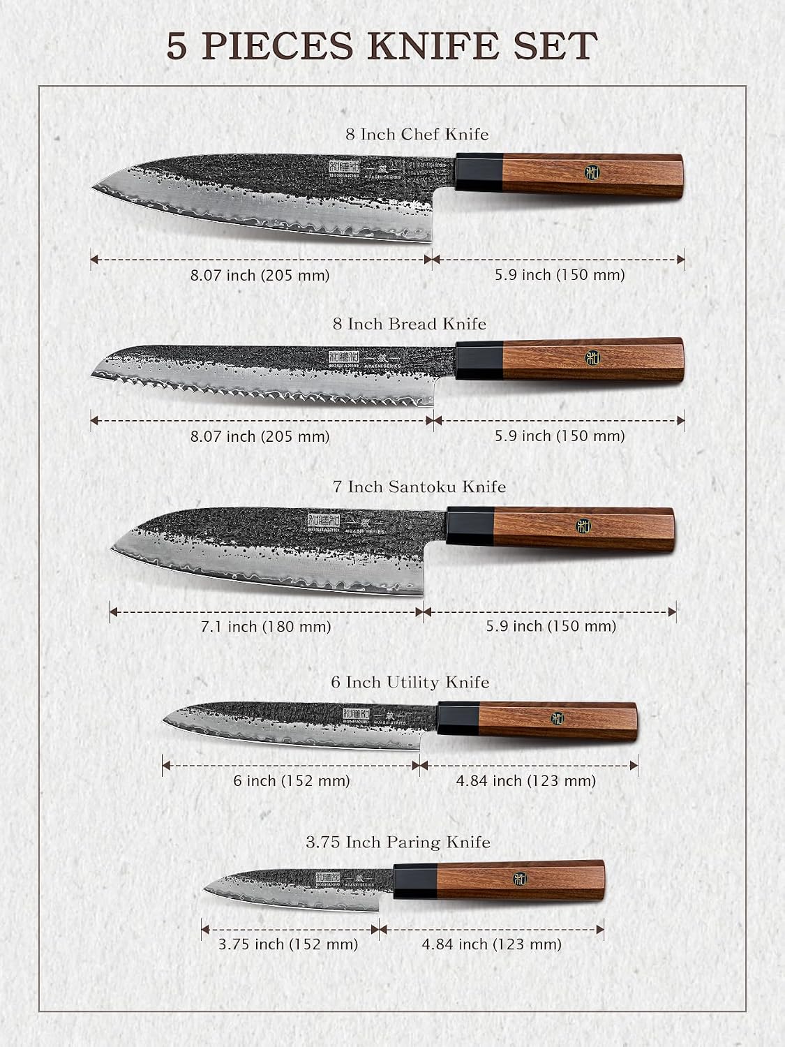 5 Pieces Knife Set, 10CR15MOV High Carbon Steel Chef Knife Set