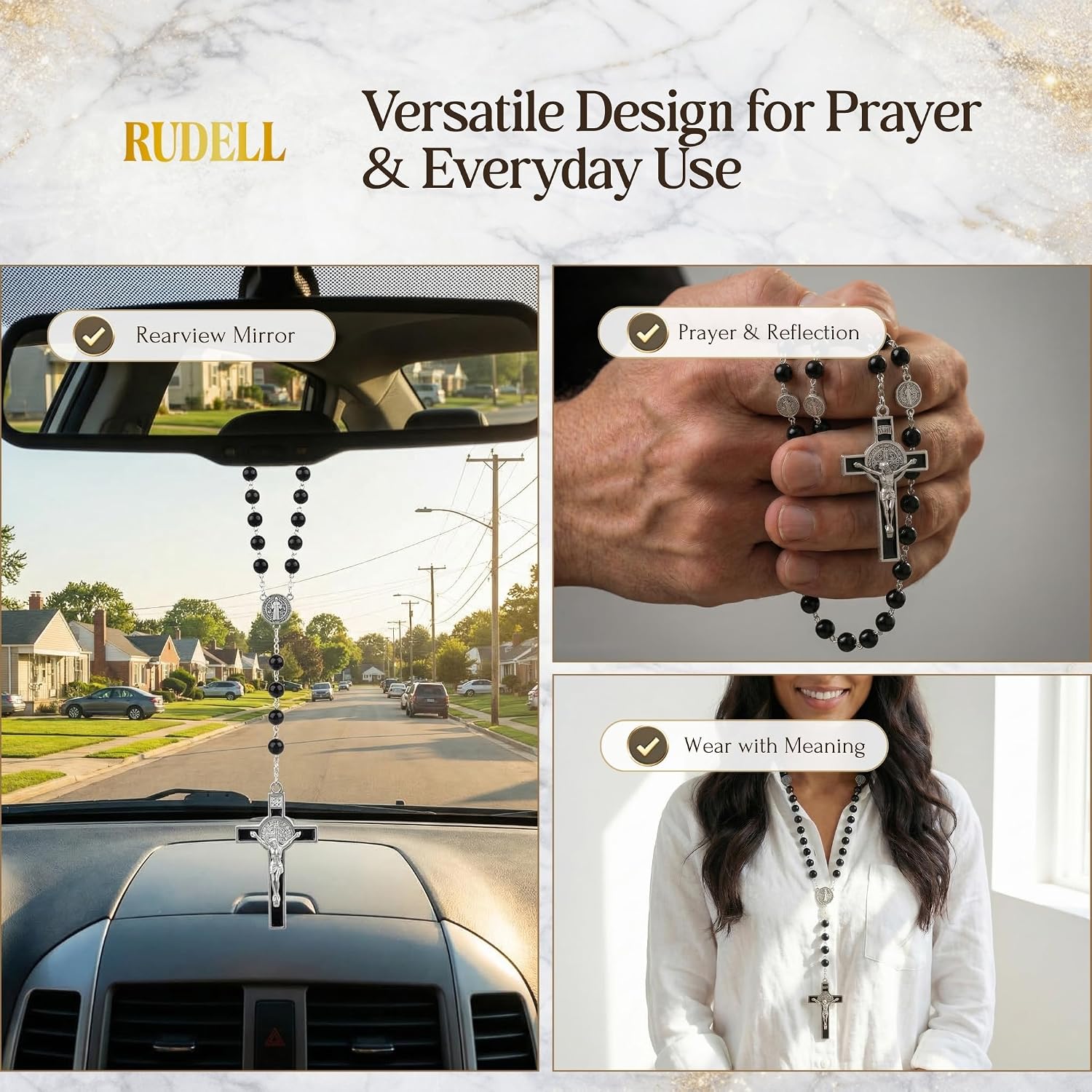 Rosary Beads Catholic for Women - Rosary Necklace for Women with Pearl Beads - Medal Cross Saint Benedict Rosary for