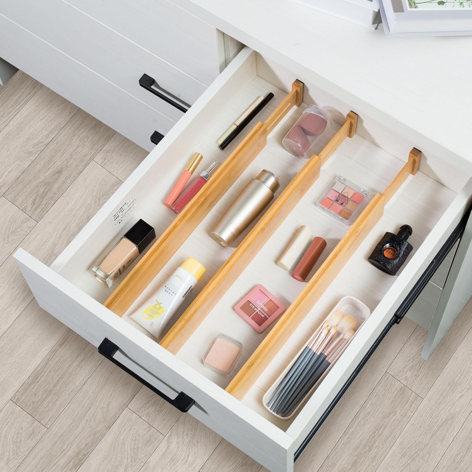 6-Pack Adjustable Bamboo Drawer Dividers, Expandable Drawer Organizer for Kitchen Utensils, Clothes, Bathroom, Office