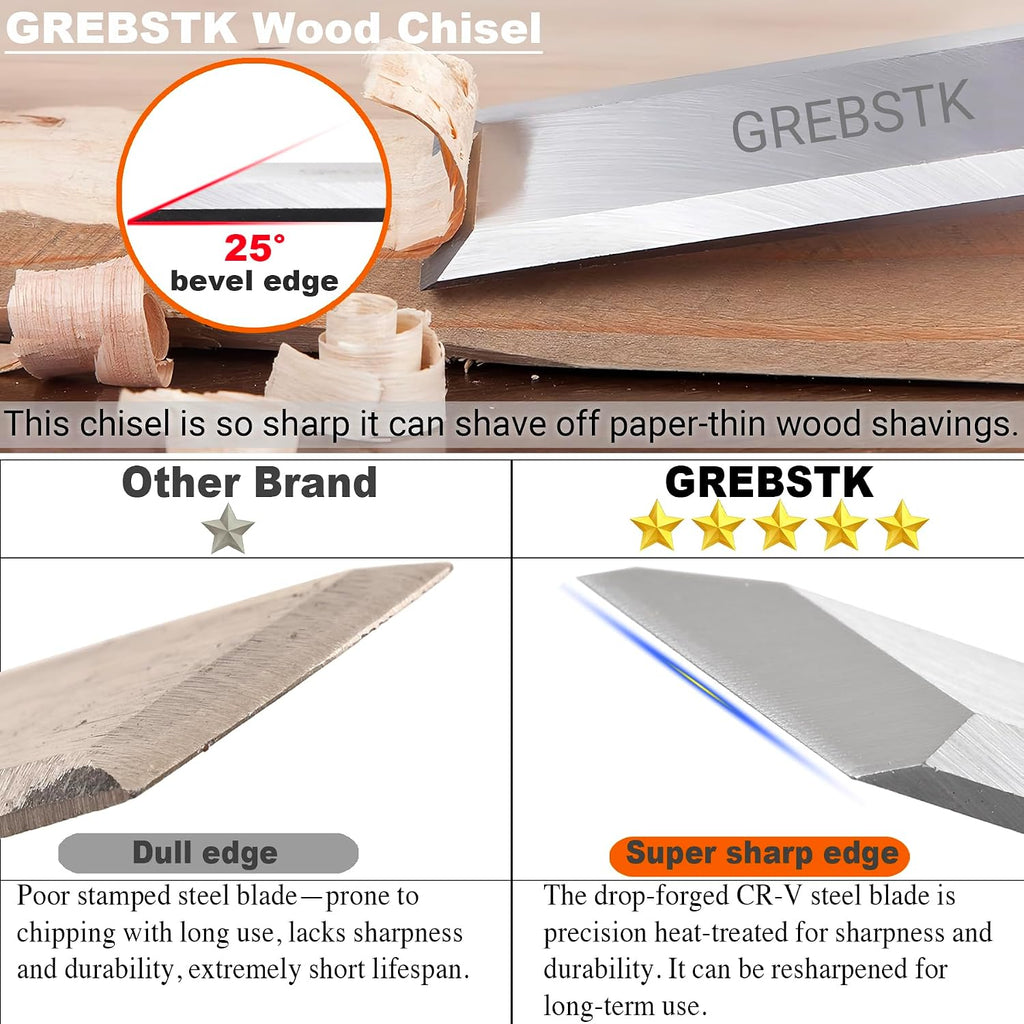 4 Piece Wood Chisel Set CR-V Steel Sharp Bevel Edge for Woodworking | Chromium Vanadium, High Hardness & Durability.