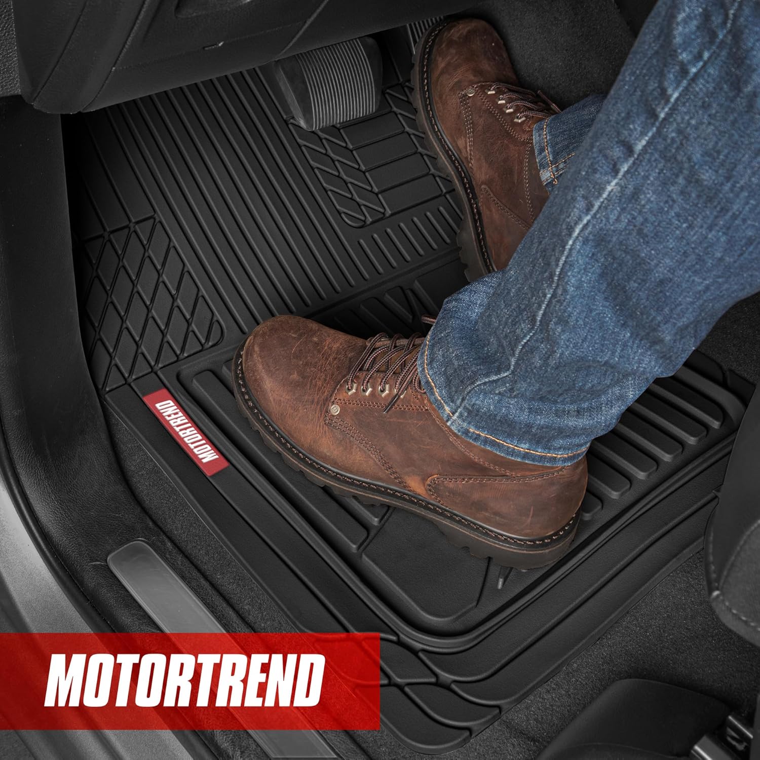FlexTough Advanced Black Rubber Car Floor Mats – Heavy Duty Trim to Fit All Weather Floor Mats for Cars Truck SUV