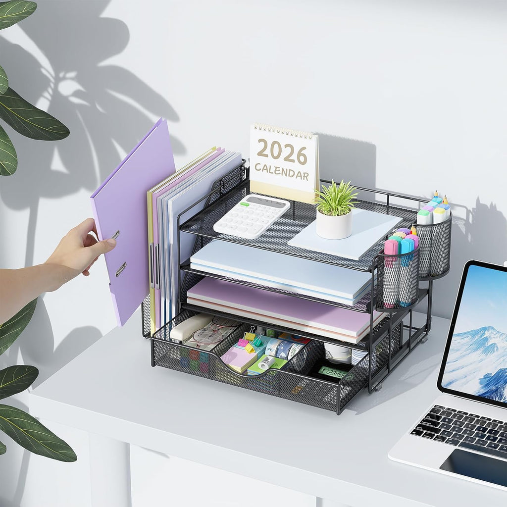 Desk Organizers and Accessories with File Holder, 4-Tier Desk Accessories & Workspace Organizers with Drawer and 2