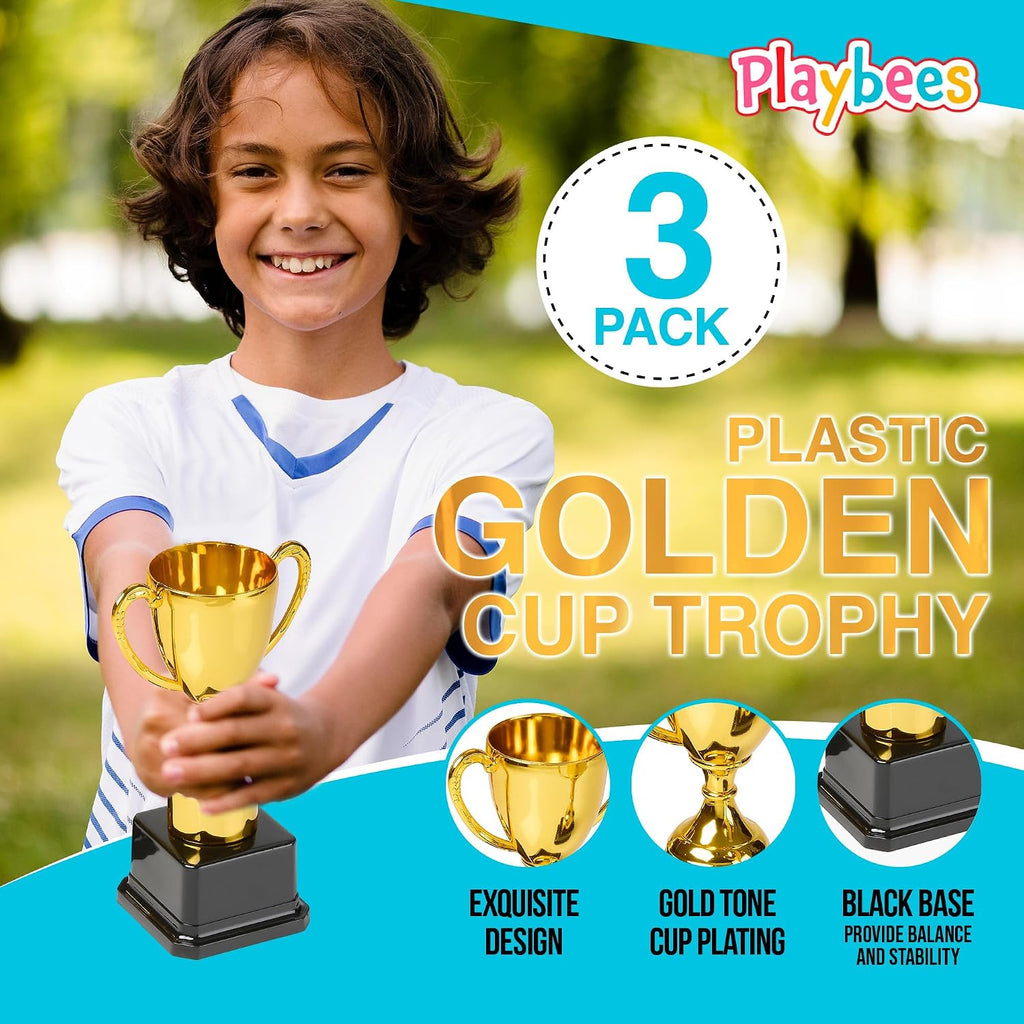 Fun Gold Plastic Trophies - 3 Pack - 7 Inch - Award Trophy Cup Set for Superstar Kids - Champion Celebrations, Sports
