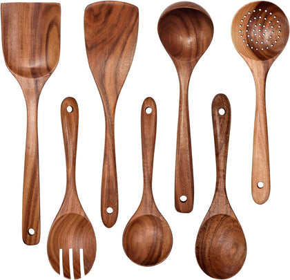 Wooden Non-Stick Kitchen Pan Toolset 7 Pieces Set, Natural Kitchen Utensils Spatula, Wooden Cooking Utensils Spoons