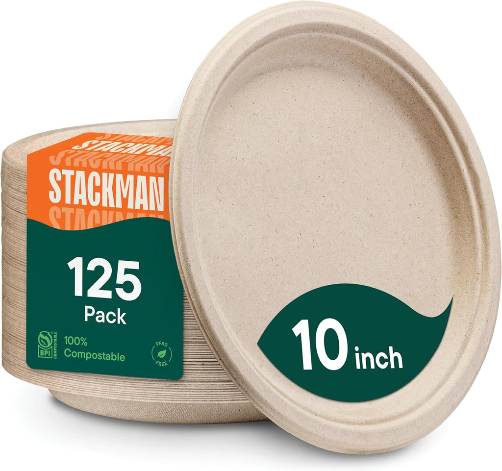 Paper Plates, 100% Compostable Heavy Duty Disposable 10 Inch Plate - [125-Pack] Eco-Friendly, Biodegradable Bagasse